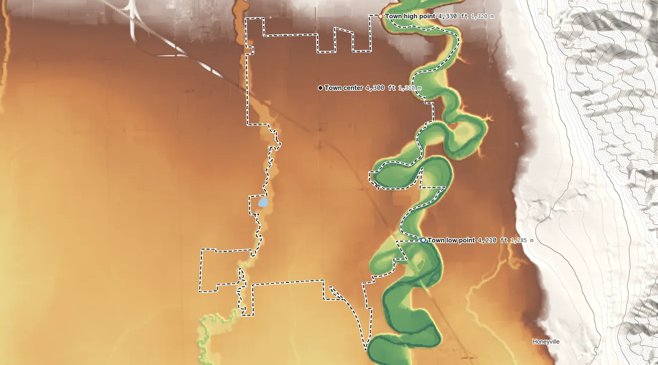 Topographic elevation map of Elwood, Utah, shaded from 4,210 ft on the southeast side to 4,330 ft on the northeast side
