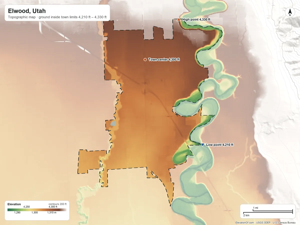 Topographic elevation map of Elwood, Utah, shaded from 4,210 ft on the southeast side to 4,330 ft on the northeast side