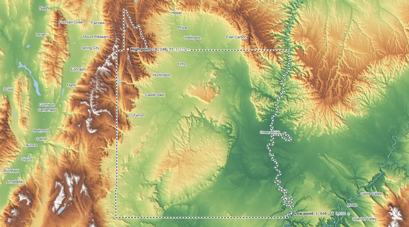 Topographic elevation map of Emery County, Utah, shaded from 3,940 ft on the southeast side to 10,740 ft on East Mountain