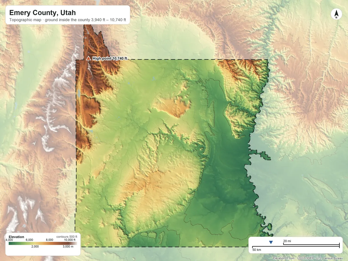 Topographic elevation map of Emery County, Utah, shaded from 3,940 ft on the southeast side to 10,740 ft on East Mountain