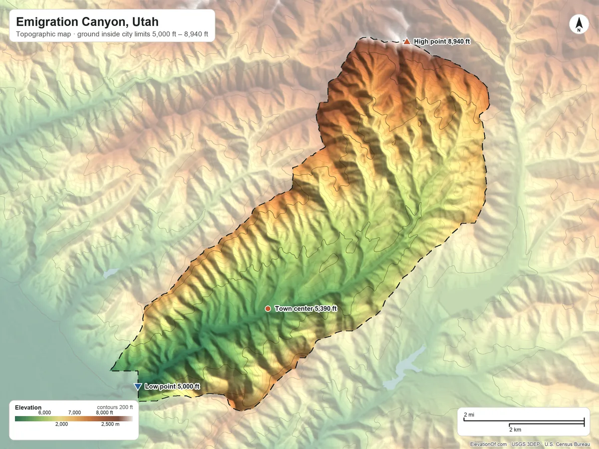 Topographic elevation map of Emigration Canyon, Utah, shaded from 5,000 ft on the southwest side to 8,940 ft on the northeast edge, below higher ground just outside