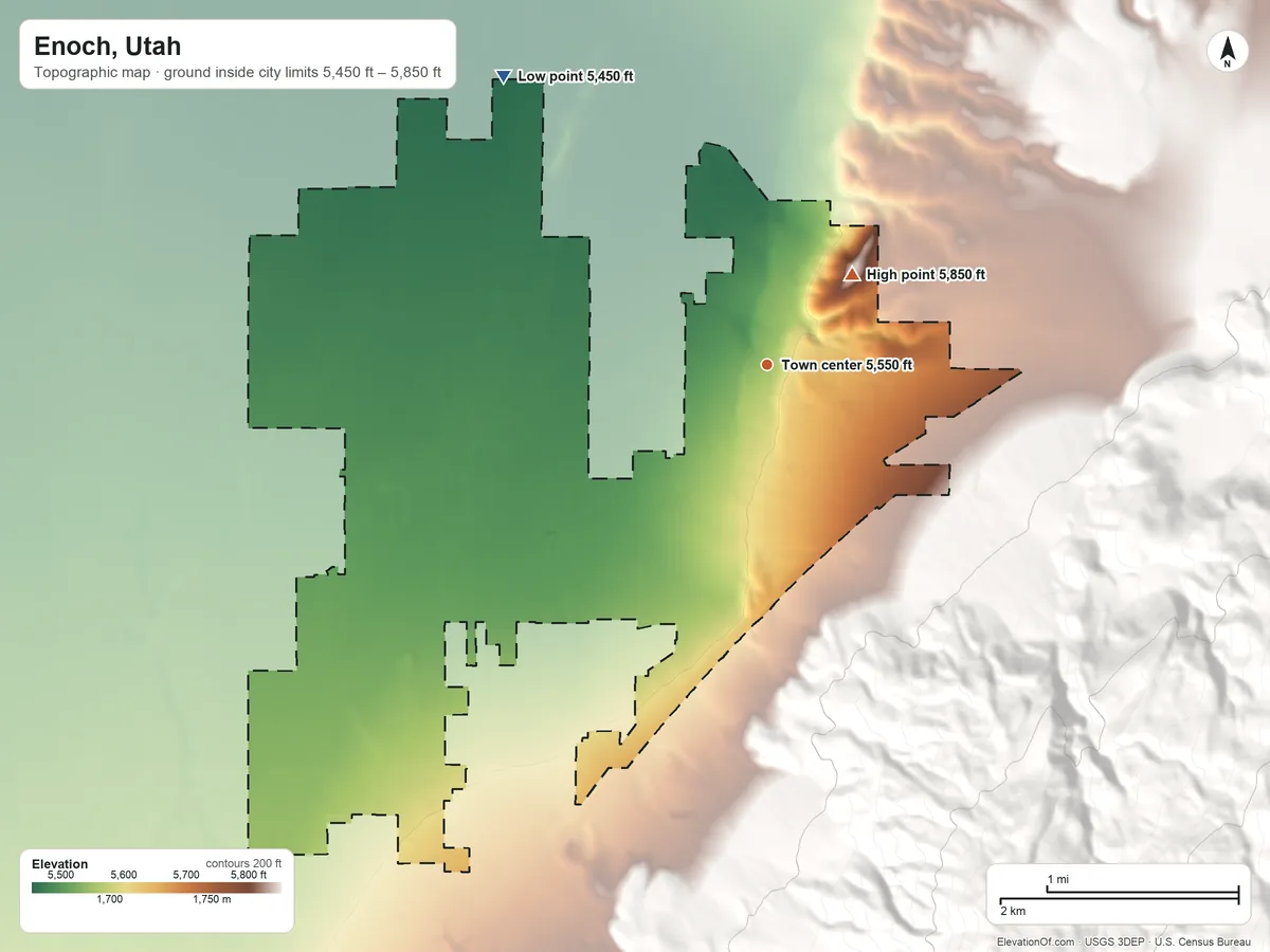 Topographic elevation map of Enoch, Utah, shaded from 5,450 ft on the northwest side to 5,850 ft on the northeast edge, below higher ground just outside