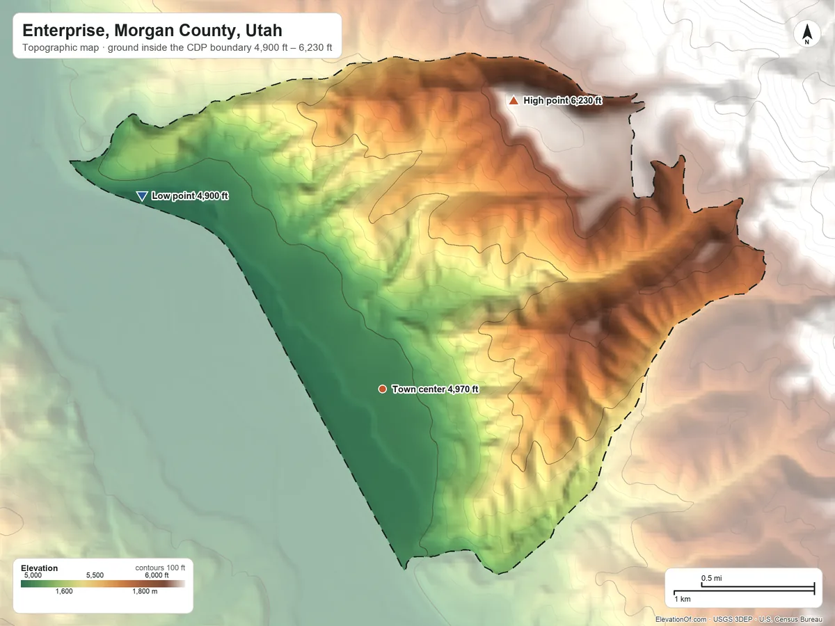 Topographic elevation map of Enterprise, Morgan County, Utah, shaded from 4,900 ft on the northwest side to 6,230 ft on the northeast edge, below higher ground just outside