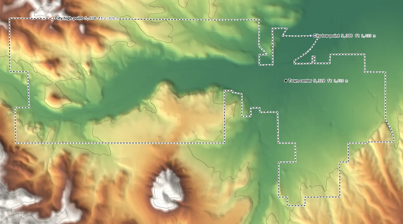 Topographic elevation map of Enterprise, Utah, shaded from 5,300 ft on the northeast side to 5,970 ft at the foot of the Bull Valley Mountains