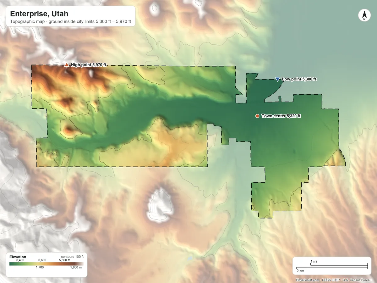 Topographic elevation map of Enterprise, Utah, shaded from 5,300 ft on the northeast side to 5,970 ft at the foot of the Bull Valley Mountains