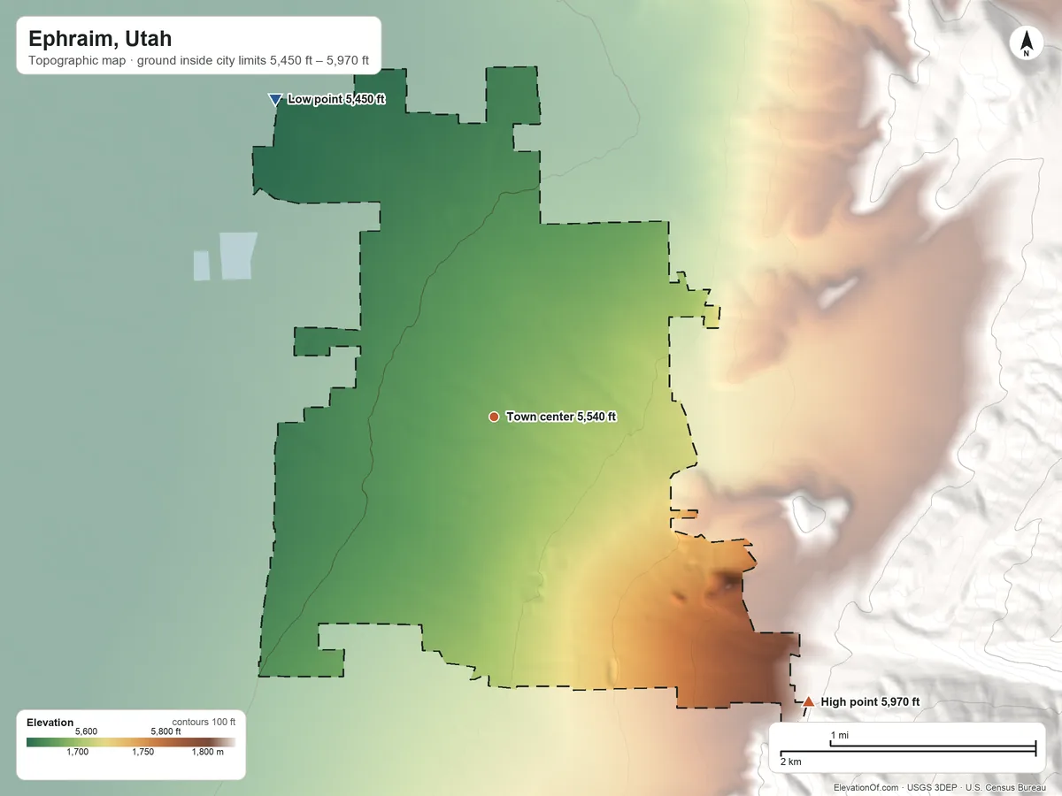 Topographic elevation map of Ephraim, Utah, shaded from 5,450 ft on the northwest side to 5,970 ft on the southeast edge, below higher ground just outside