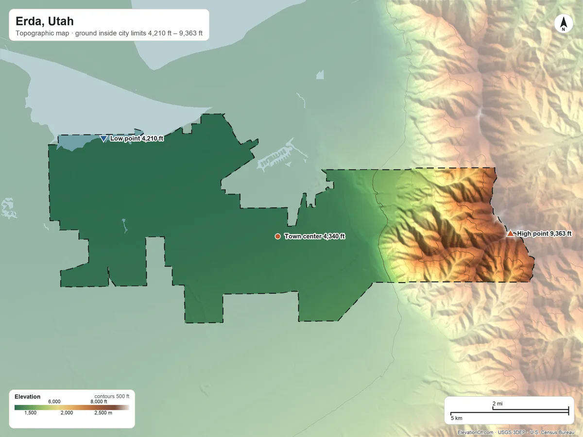 Topographic elevation map of Erda, Utah, shaded from 4,210 ft on the northwest side to 9,363 ft on Nelson Peak