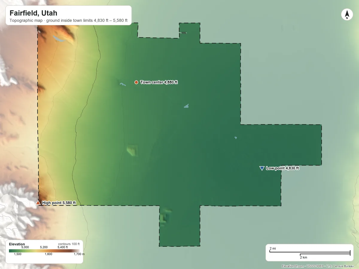 Topographic elevation map of Fairfield, Utah, shaded from 4,830 ft on the southeast side to 5,580 ft at the foot of the Oquirrh Mountains