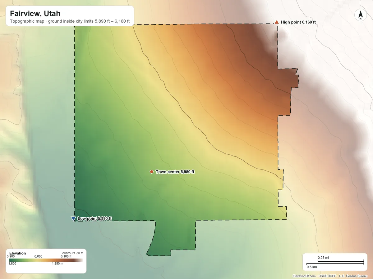 Topographic elevation map of Fairview, Utah, shaded from 5,890 ft on the southwest side to 6,160 ft on the northeast edge, below higher ground just outside
