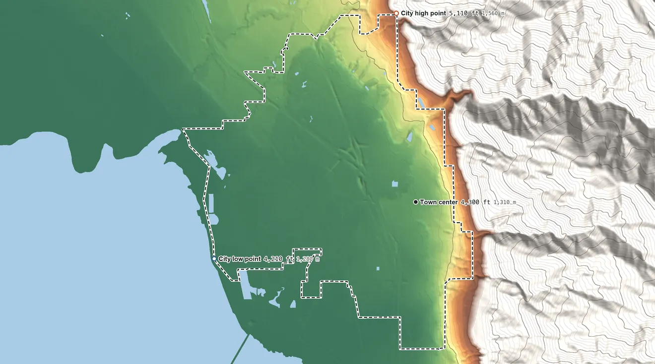 Topographic elevation map of Farmington, Utah, shaded from 4,210 ft on the west side to 5,110 ft at the foot of the Sessions Mountains