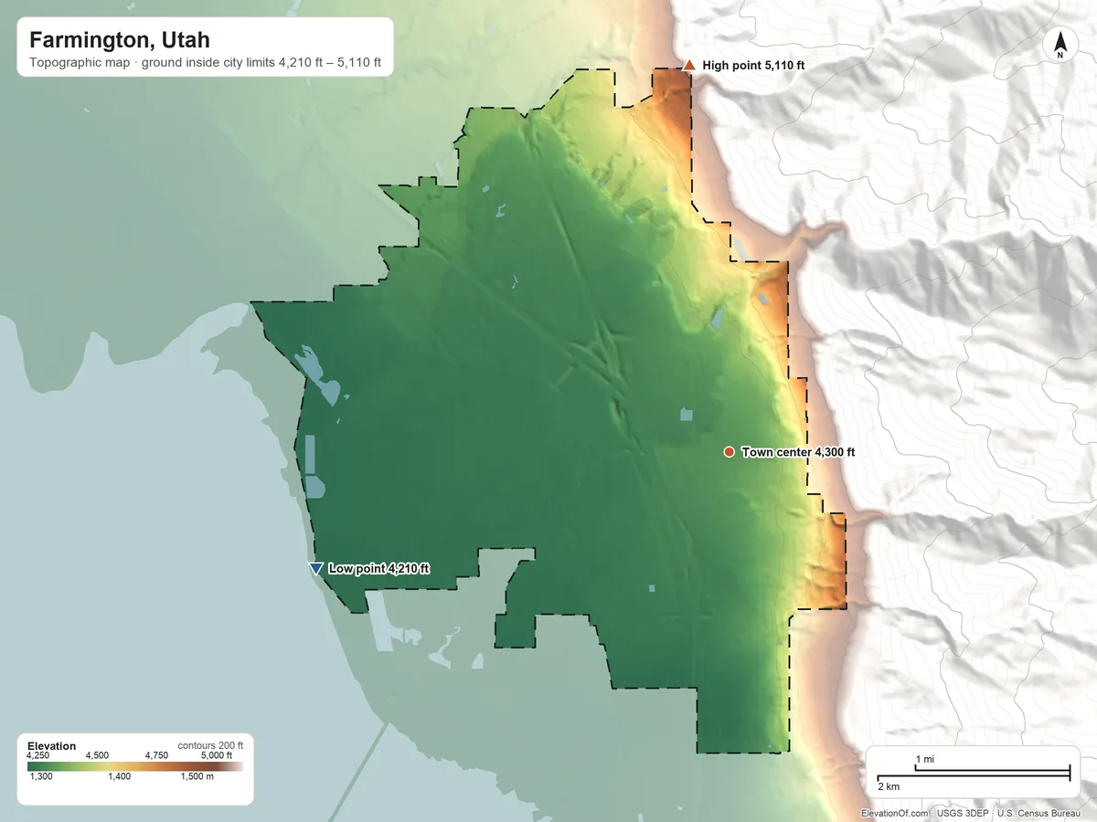 Topographic elevation map of Farmington, Utah, shaded from 4,210 ft on the west side to 5,110 ft at the foot of the Sessions Mountains