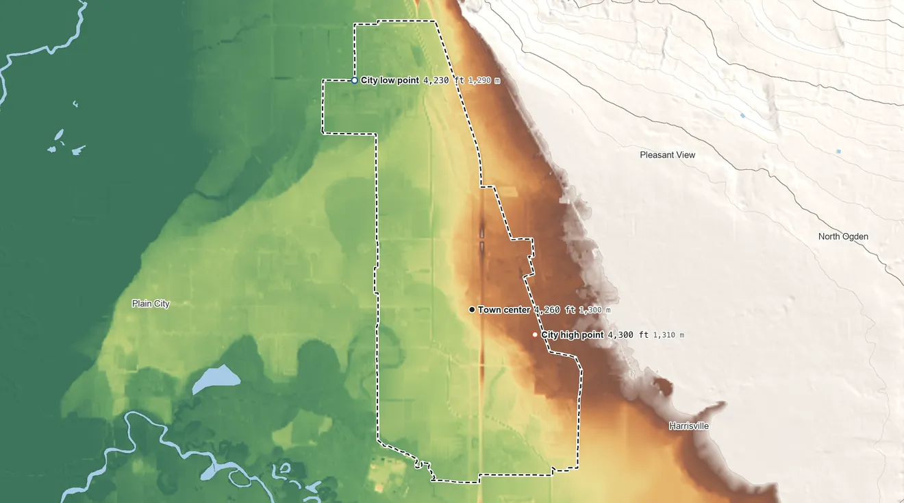 Topographic elevation map of Farr West, Utah, shaded from 4,230 ft on the northwest side to 4,300 ft on the east side