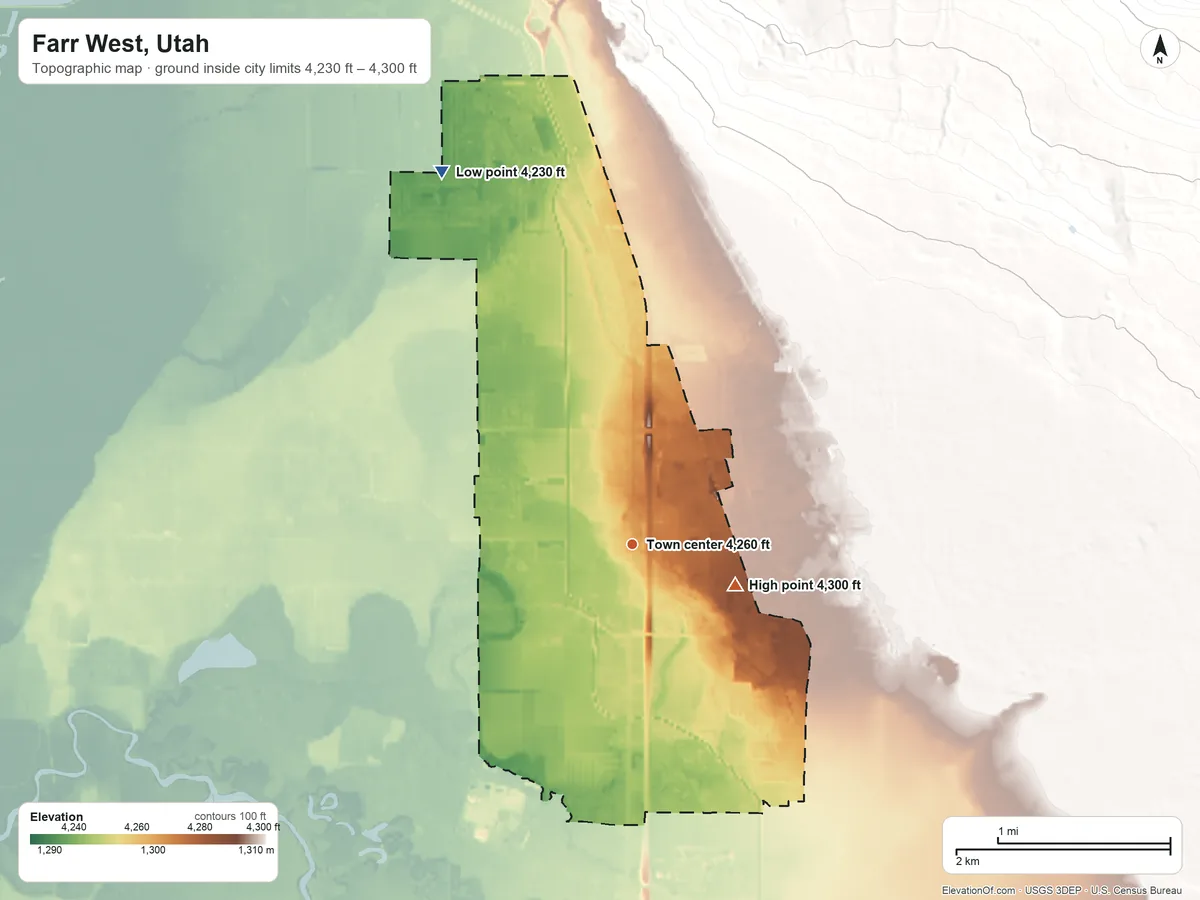 Topographic elevation map of Farr West, Utah, shaded from 4,230 ft on the northwest side to 4,300 ft on the east side