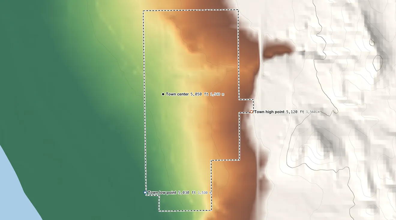 Topographic elevation map of Fayette, Utah, shaded from 5,030 ft on the south side to 5,120 ft at the foot of the Valley Mountains