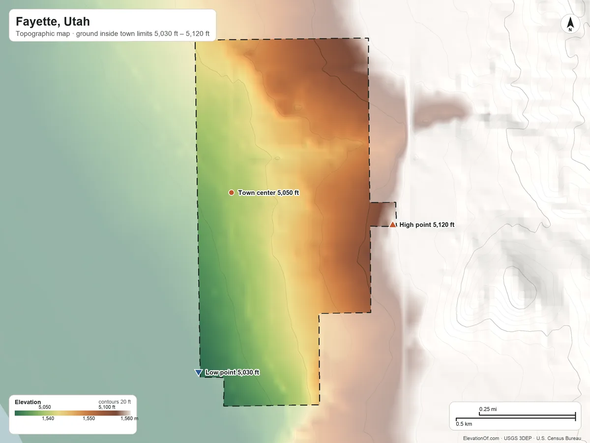 Topographic elevation map of Fayette, Utah, shaded from 5,030 ft on the south side to 5,120 ft at the foot of the Valley Mountains
