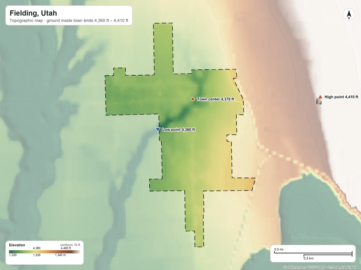Topographic elevation map of Fielding, Utah, shaded from 4,360 ft on the southwest side to 4,410 ft on the east side