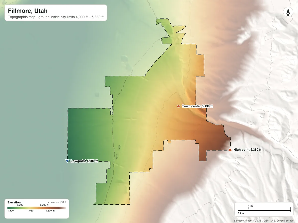 Topographic elevation map of Fillmore, Utah, shaded from 4,900 ft on the southwest side to 5,380 ft at the foot of the Pahvant Range