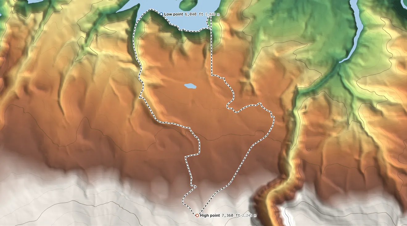 Topographic elevation map of Flaming Gorge, Utah, shaded from 6,040 ft on the northwest side to 7,360 ft at the foot of the Uinta Mountains