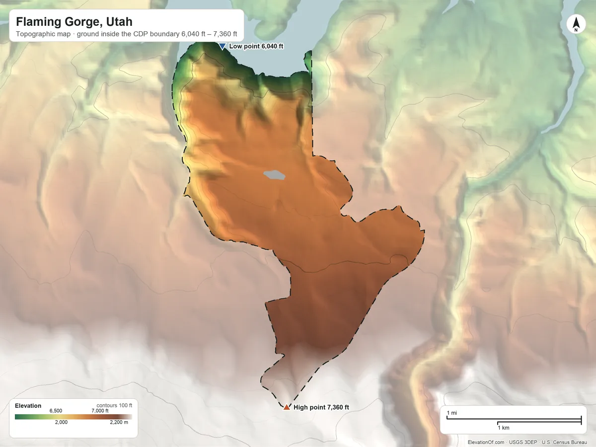 Topographic elevation map of Flaming Gorge, Utah, shaded from 6,040 ft on the northwest side to 7,360 ft at the foot of the Uinta Mountains