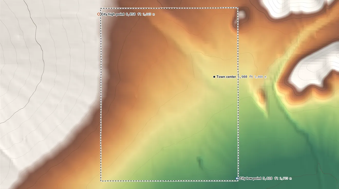 Topographic elevation map of Fountain Green, Utah, shaded from 5,820 ft on the south side to 6,050 ft at the foot of the San Pitch Mountains