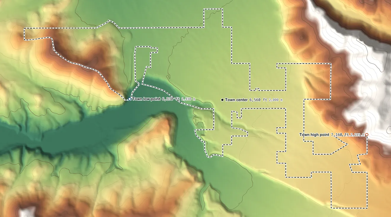 Topographic elevation map of Francis, Utah, shaded from 6,330 ft on the west side to 7,160 ft at the foot of the The West Hills
