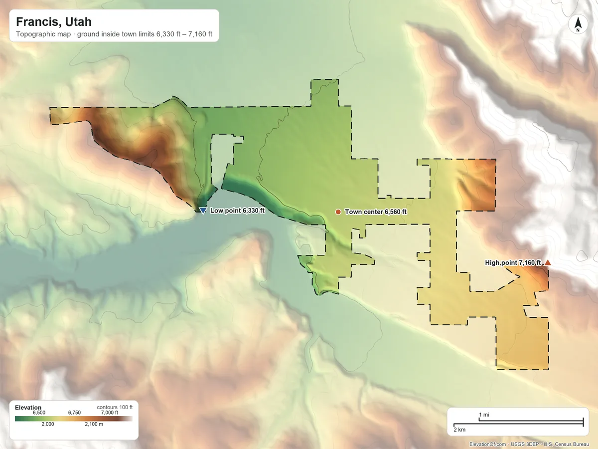 Topographic elevation map of Francis, Utah, shaded from 6,330 ft on the west side to 7,160 ft at the foot of the The West Hills