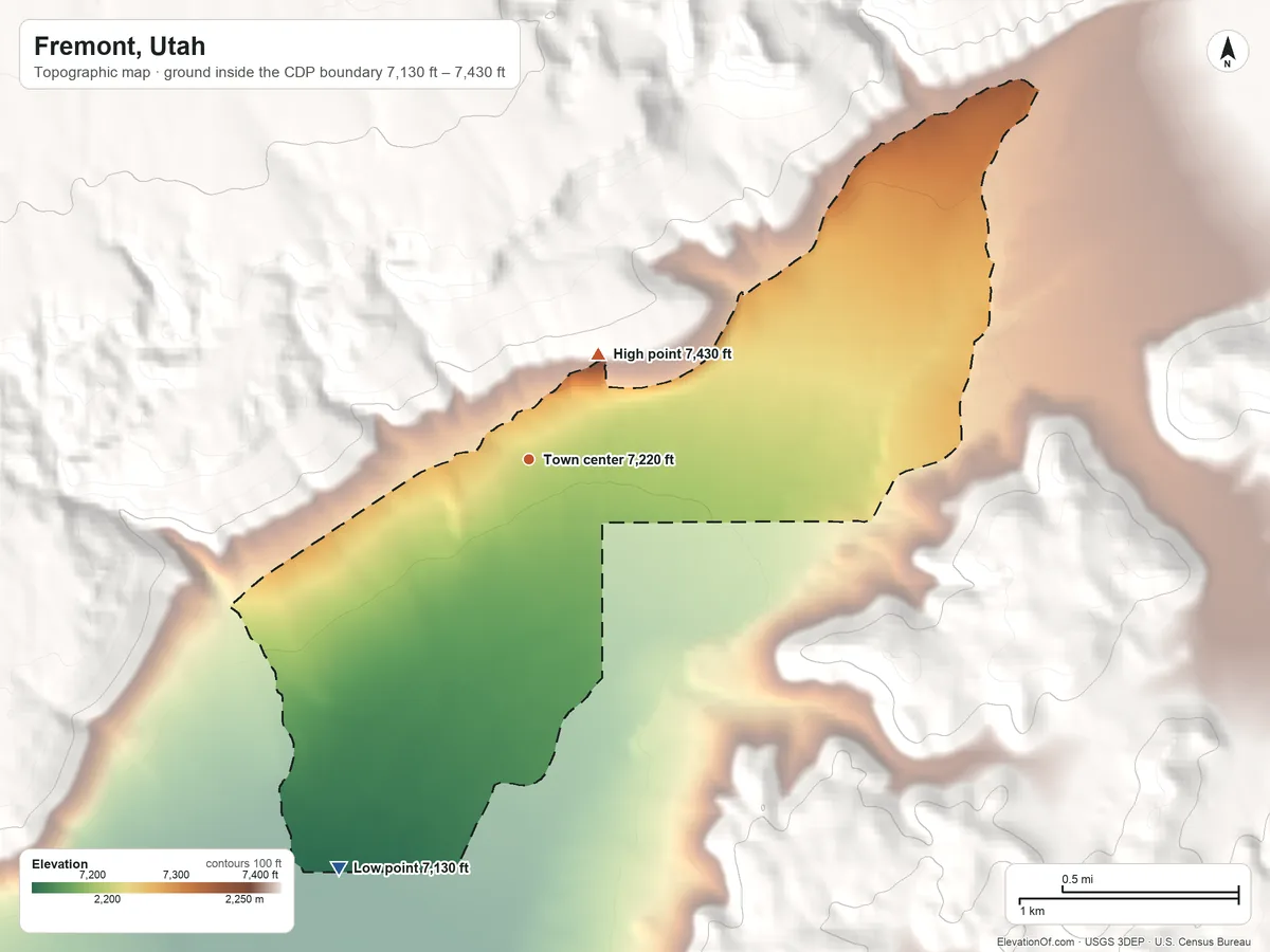 Topographic elevation map of Fremont, Utah, shaded from 7,130 ft on the southwest side to 7,430 ft on the northeast edge, below higher ground just outside