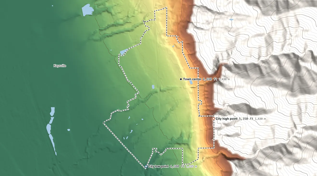Topographic elevation map of Fruit Heights, Utah, shaded from 4,380 ft on the south side to 5,350 ft at the foot of the Sessions Mountains