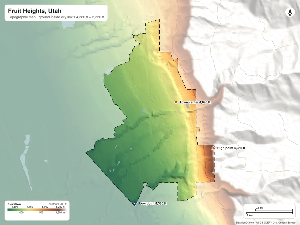 Topographic elevation map of Fruit Heights, Utah, shaded from 4,380 ft on the south side to 5,350 ft at the foot of the Sessions Mountains