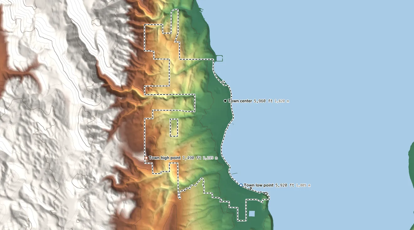 Topographic elevation map of Garden City, Utah, shaded from 5,920 ft on the south side to 7,490 ft at the foot of the Bear River Range