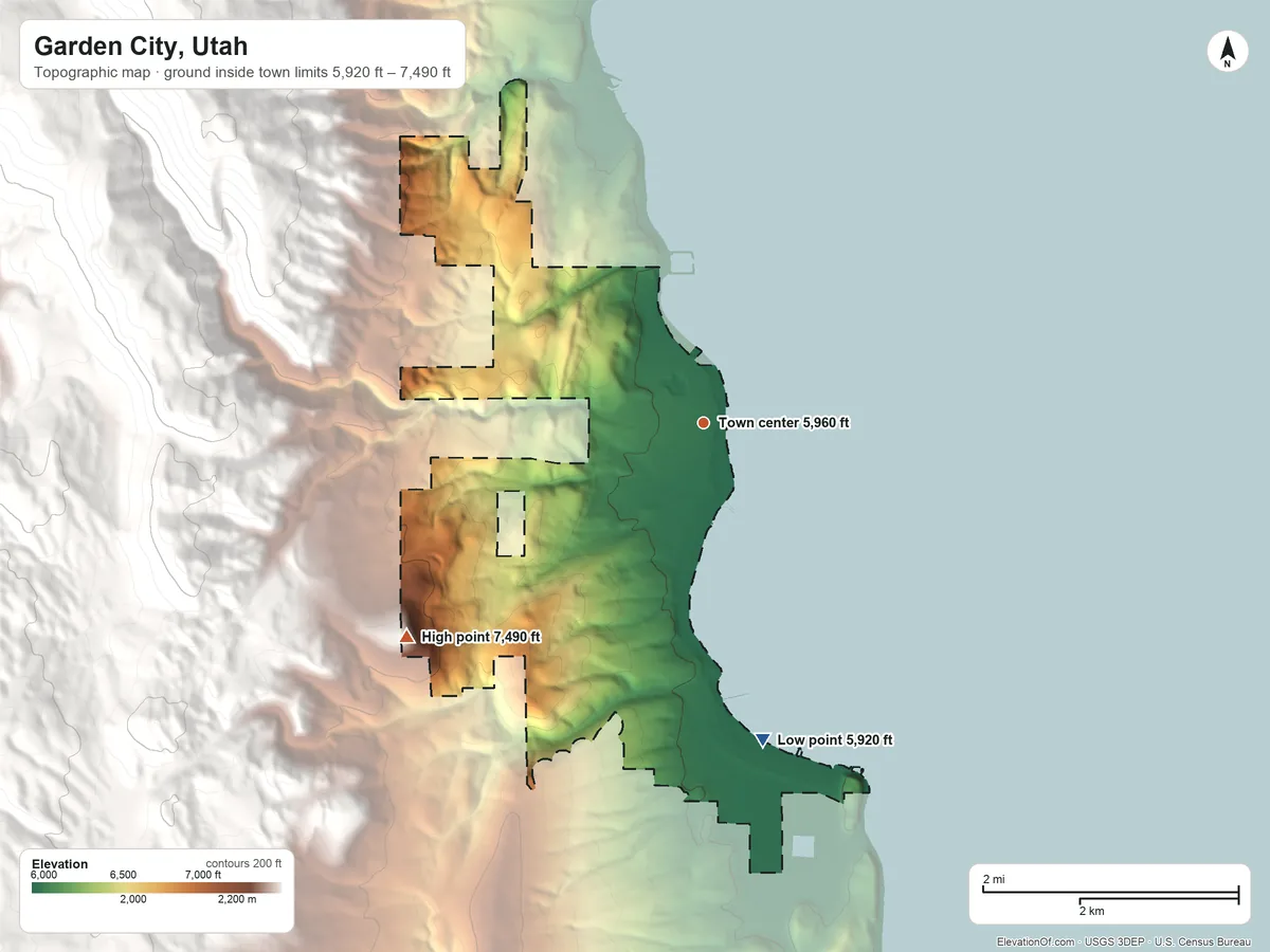 Topographic elevation map of Garden City, Utah, shaded from 5,920 ft on the south side to 7,490 ft at the foot of the Bear River Range