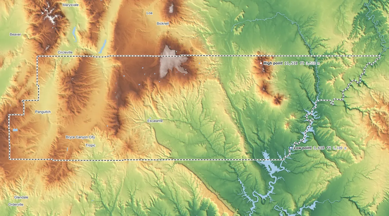 Topographic elevation map of Garfield County, Utah, shaded from 3,610 ft on the east side to 11,510 ft on Mount Ellen Peak