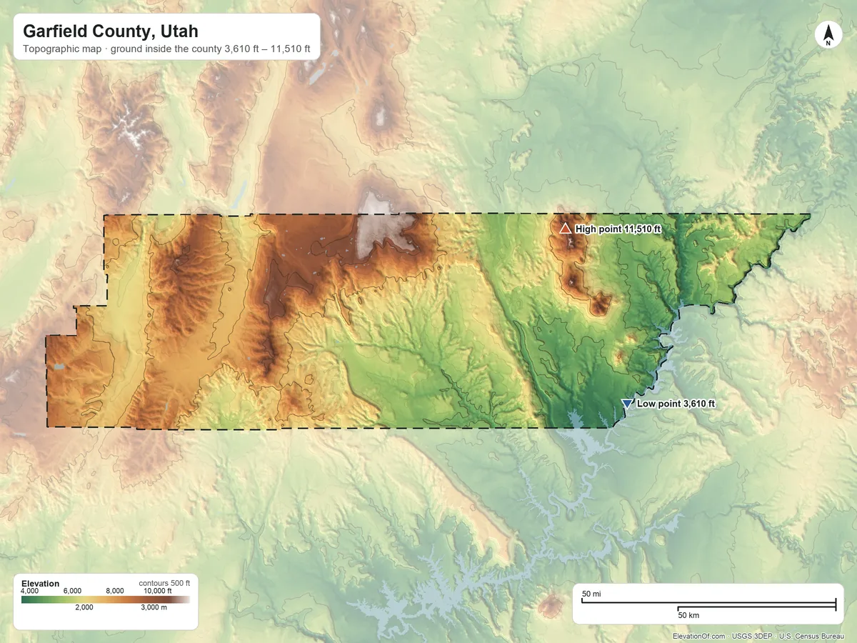 Topographic elevation map of Garfield County, Utah, shaded from 3,610 ft on the east side to 11,510 ft on Mount Ellen Peak
