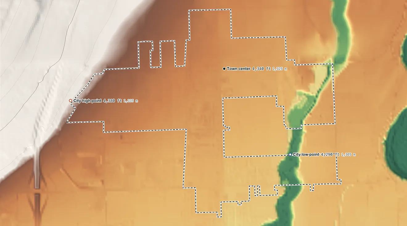 Topographic elevation map of Garland, Utah, shaded from 4,290 ft on the southeast side to 4,380 ft at the foot of the Blue Spring Hills
