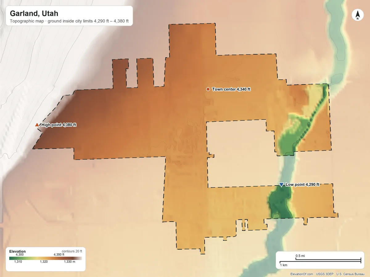 Topographic elevation map of Garland, Utah, shaded from 4,290 ft on the southeast side to 4,380 ft at the foot of the Blue Spring Hills