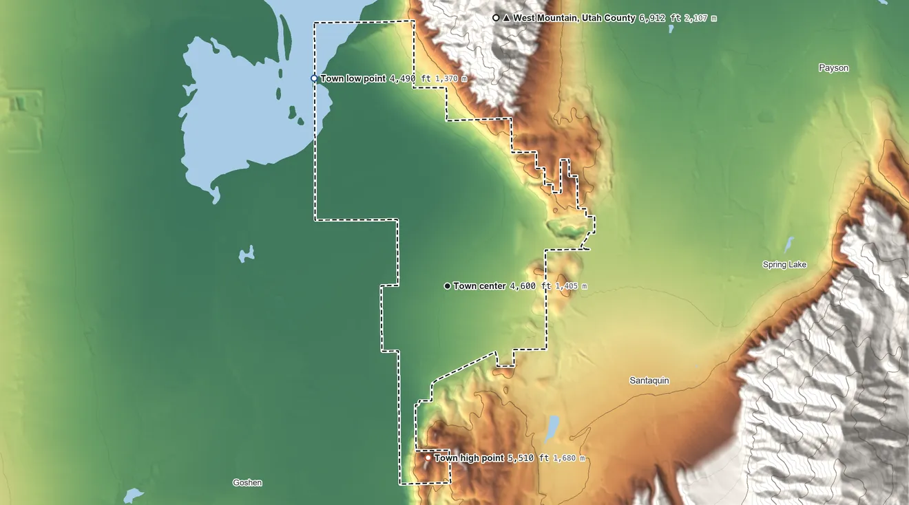 Topographic elevation map of Genola, Utah, shaded from 4,490 ft on the northwest side to 5,510 ft on Warm Springs Mountain