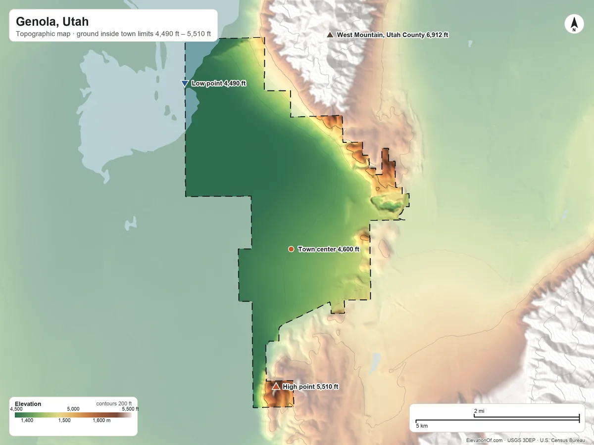 Topographic elevation map of Genola, Utah, shaded from 4,490 ft on the northwest side to 5,510 ft on Warm Springs Mountain