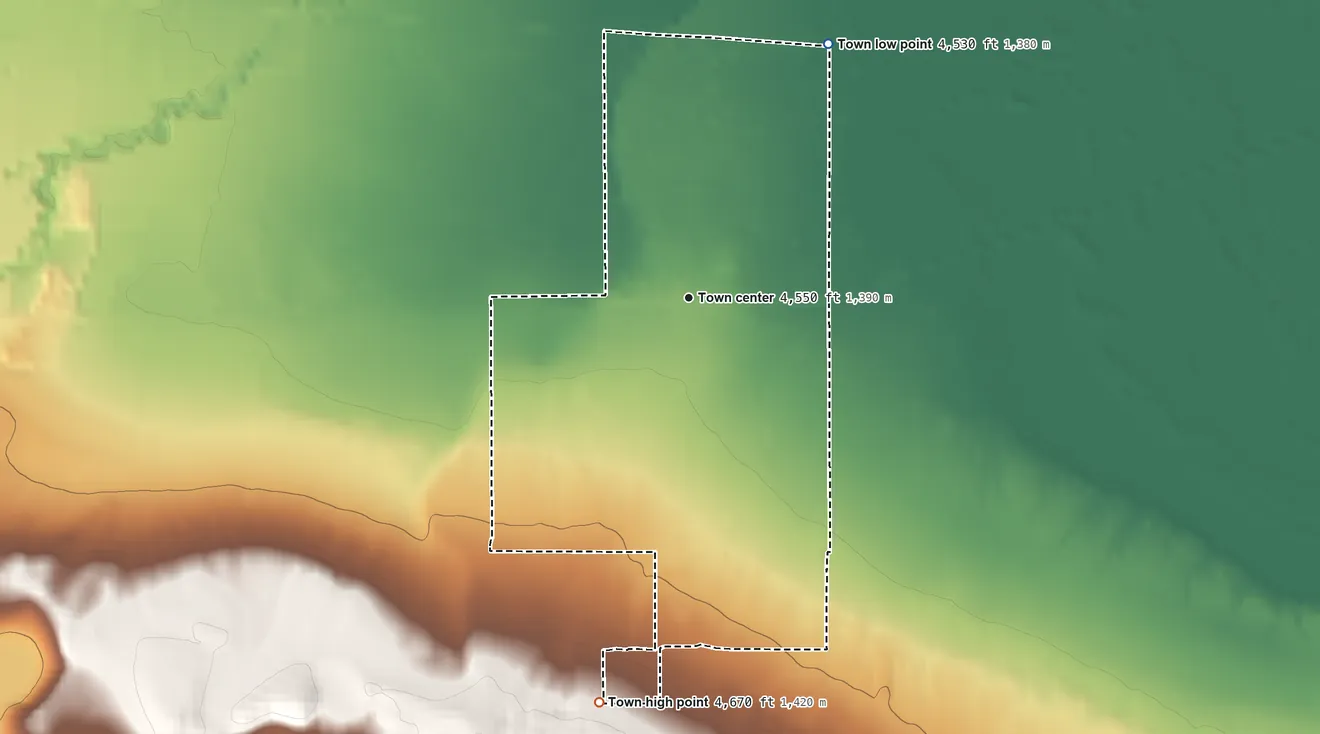 Topographic elevation map of Goshen, Utah, shaded from 4,530 ft on the northeast side to 4,670 ft at the foot of the Wasatch Range