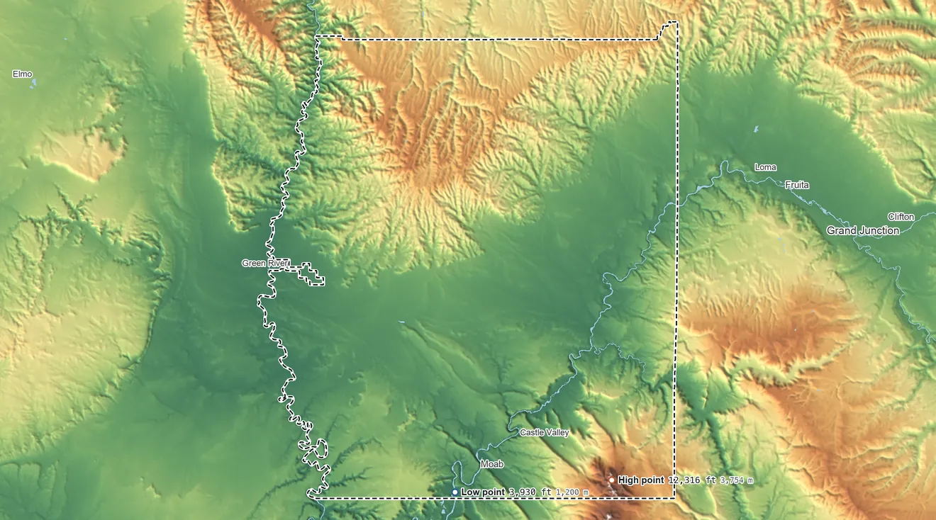 Topographic elevation map of Grand County, Utah, shaded from 3,930 ft on the south side to 12,316 ft on Mount Waas