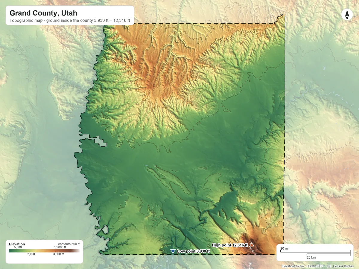 Topographic elevation map of Grand County, Utah, shaded from 3,930 ft on the south side to 12,316 ft on Mount Waas