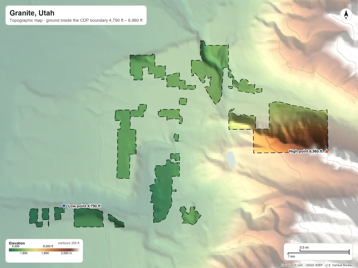Topographic elevation map of Granite, Utah, shaded from 4,790 ft on the southwest side to 6,960 ft at the foot of the Traverse Mountains