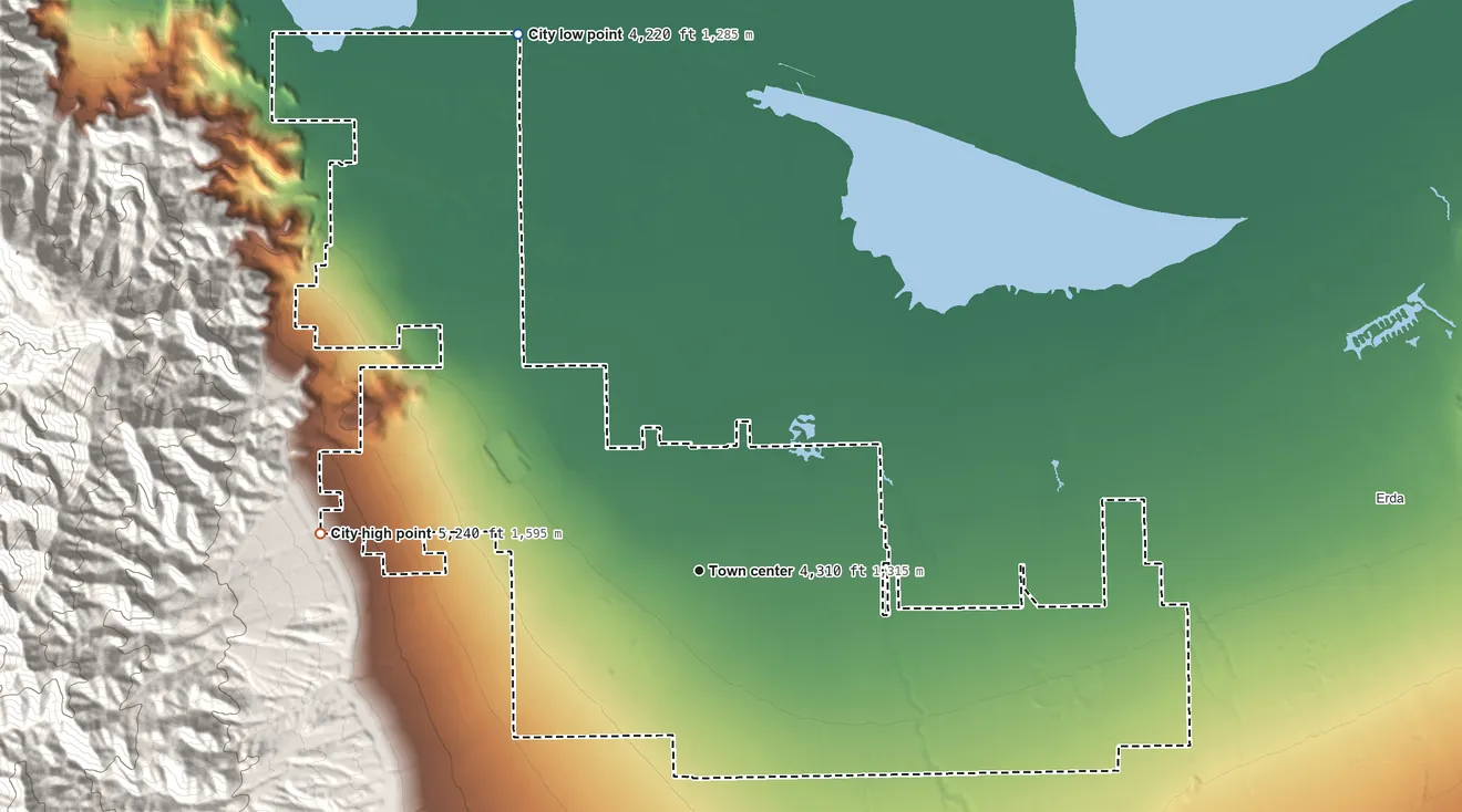 Topographic elevation map of Grantsville, Utah, shaded from 4,220 ft on the north side to 5,240 ft at the foot of the Stansbury Mountains