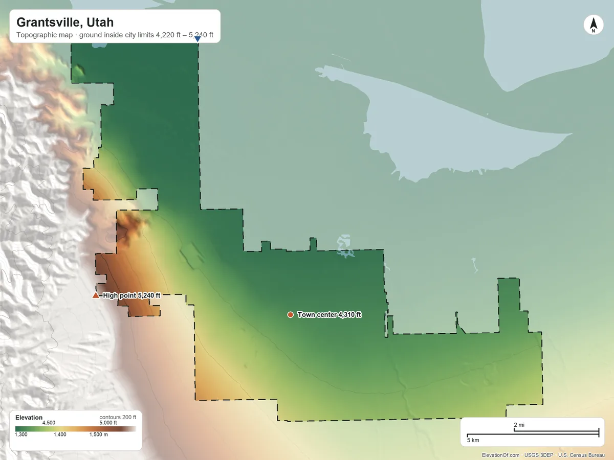 Topographic elevation map of Grantsville, Utah, shaded from 4,220 ft on the north side to 5,240 ft at the foot of the Stansbury Mountains