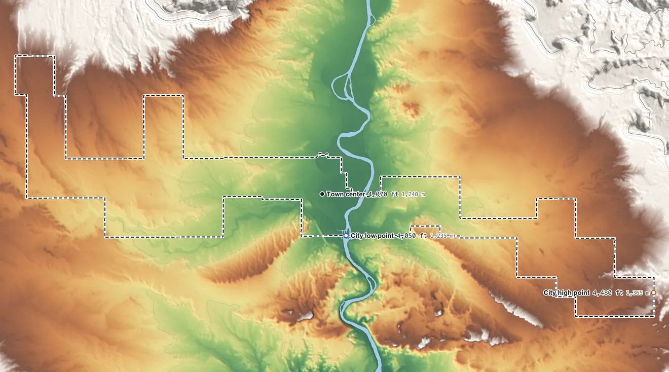 Topographic elevation map of Green River, Utah, shaded from 4,050 ft near the middle to 4,480 ft on the east side