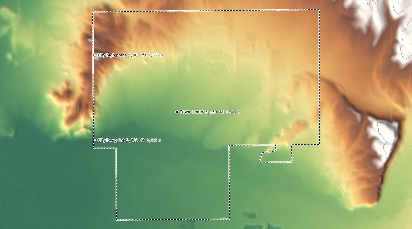 Topographic elevation map of Gunnison, Utah, shaded from 5,080 ft on the west side to 5,460 ft on the northwest side