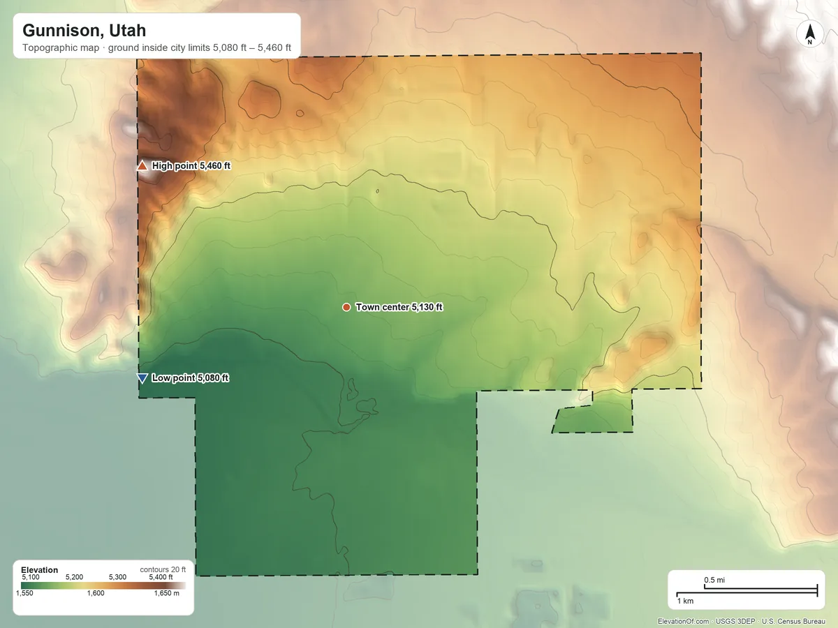 Topographic elevation map of Gunnison, Utah, shaded from 5,080 ft on the west side to 5,460 ft on the northwest side