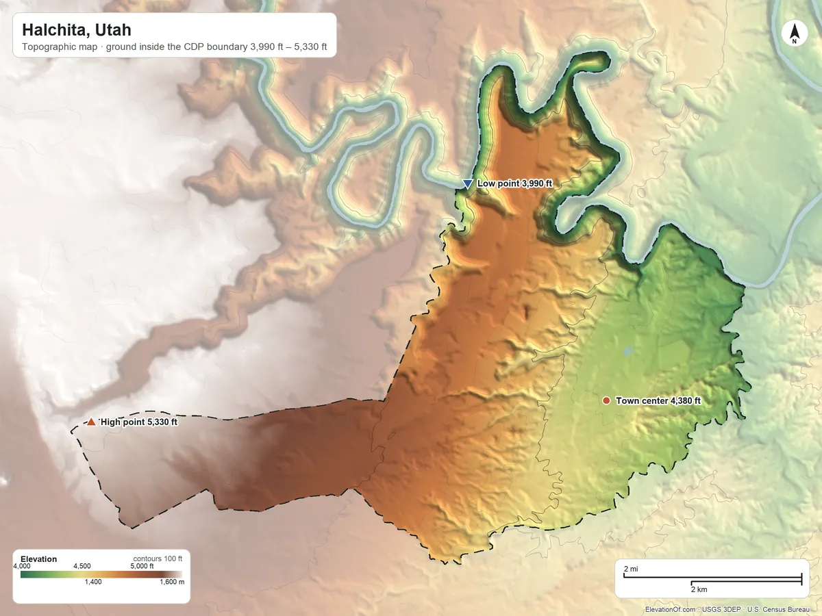 Topographic elevation map of Halchita, Utah, shaded from 3,990 ft on the northwest side to 5,330 ft on the west side