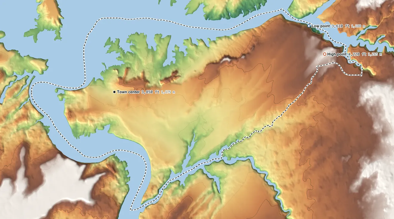 Topographic elevation map of Halls Crossing, Utah, shaded from 3,610 ft on the east side to 4,220 ft on the east side