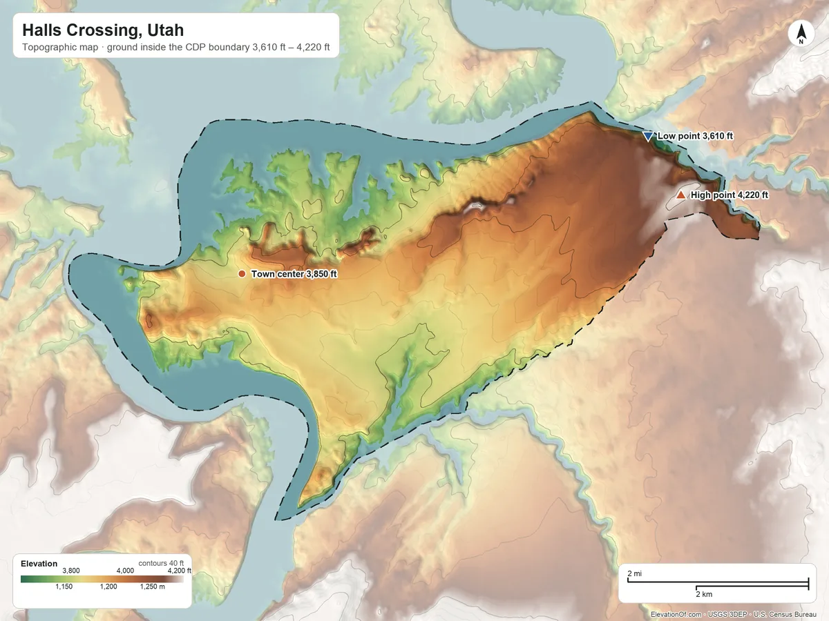 Topographic elevation map of Halls Crossing, Utah, shaded from 3,610 ft on the east side to 4,220 ft on the east side