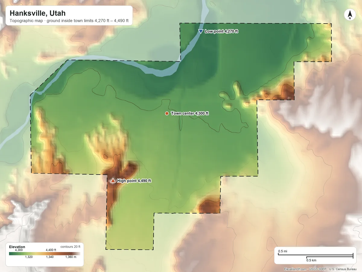 Topographic elevation map of Hanksville, Utah, shaded from 4,270 ft on the north side to 4,490 ft on the southwest side